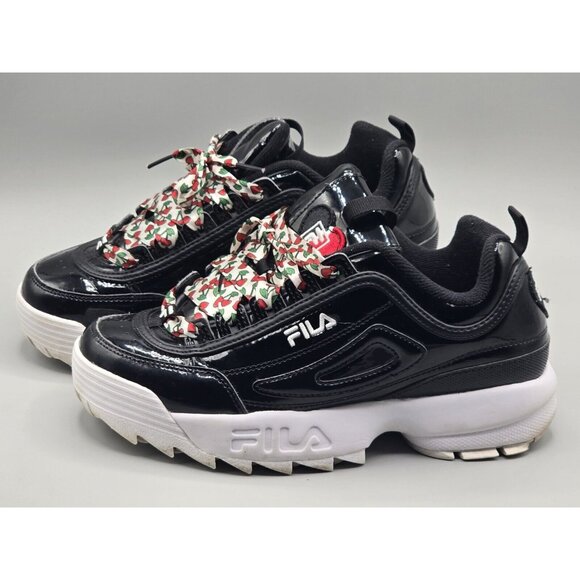 Rare Fila Disruptor 2 Heart Cherry Wedge Black Patent Womens Sneaker Size 7.5 - Picture 1 of 7